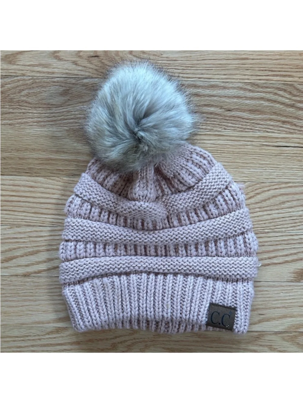 C.C Blush Knit Beanie with Faux Fur Pom Indie pink hat light pink chunky
